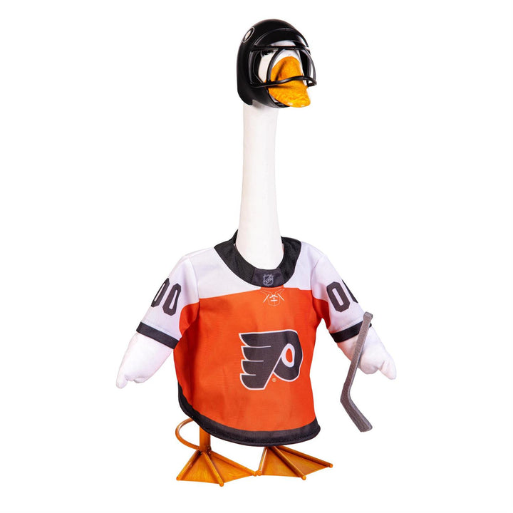 Back of Flyers outfit on decorative porch goose showing team lettering and white 00 numerals; goose not included