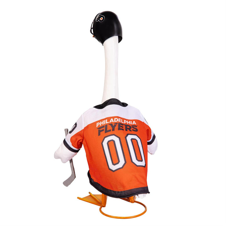 Front of Philadelphia Flyers porch goose outfit with orange jersey, winged P logo, black helmet, and hockey stick