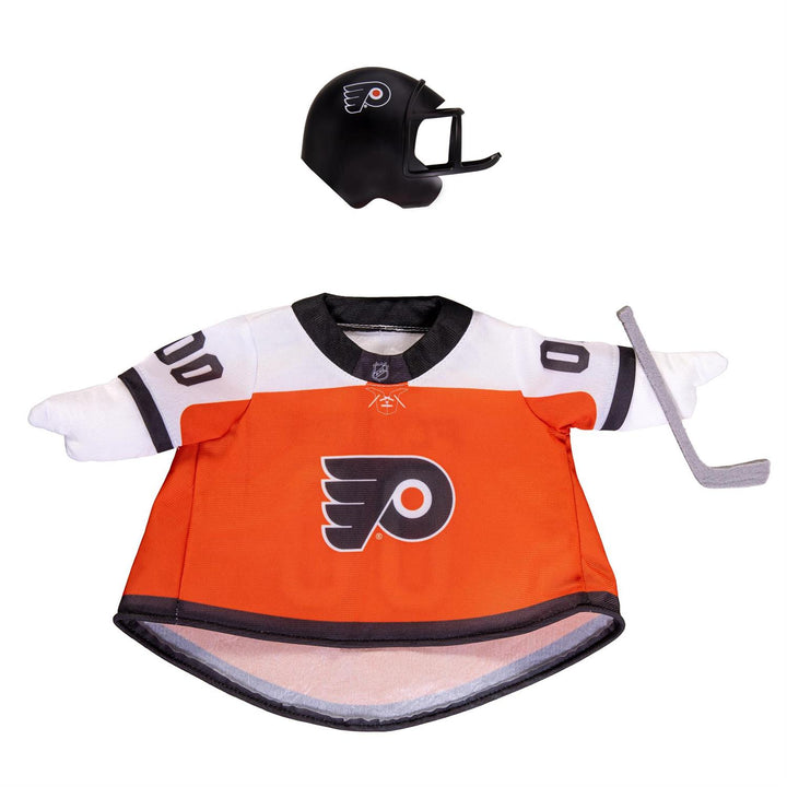 Philadelphia Flyers orange and white hockey jersey goose outfit with black helmet and decorative gray hockey stick shown without goose
