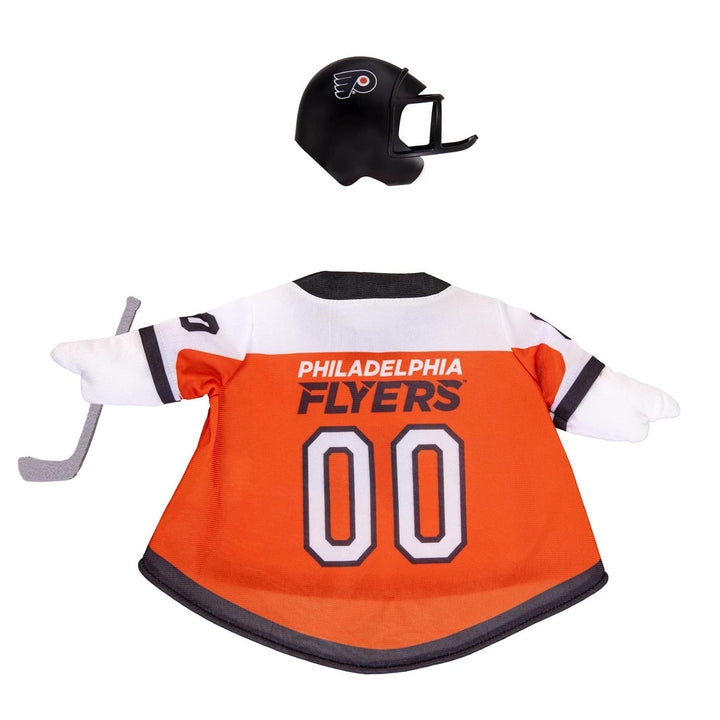 Philadelphia Flyers outfit modeled on a decorative goose in a snowy porch scene; goose not included