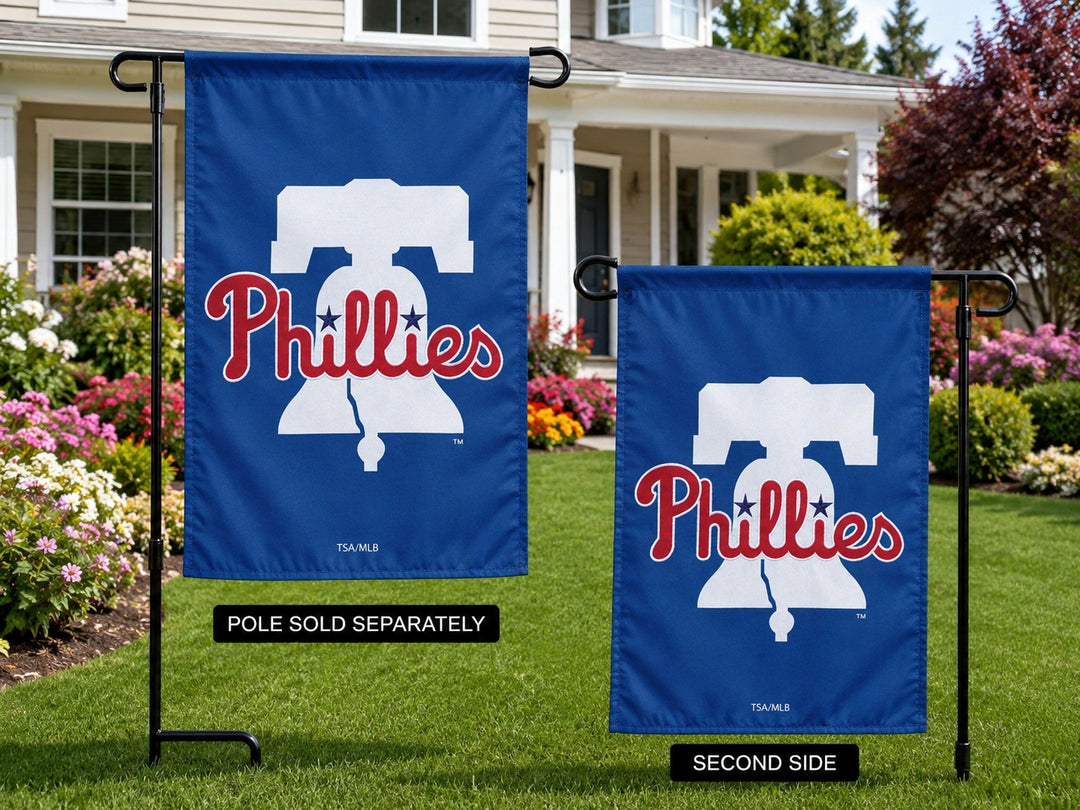 Philadelphia Phillies Garden Flag both sides displayed in yard