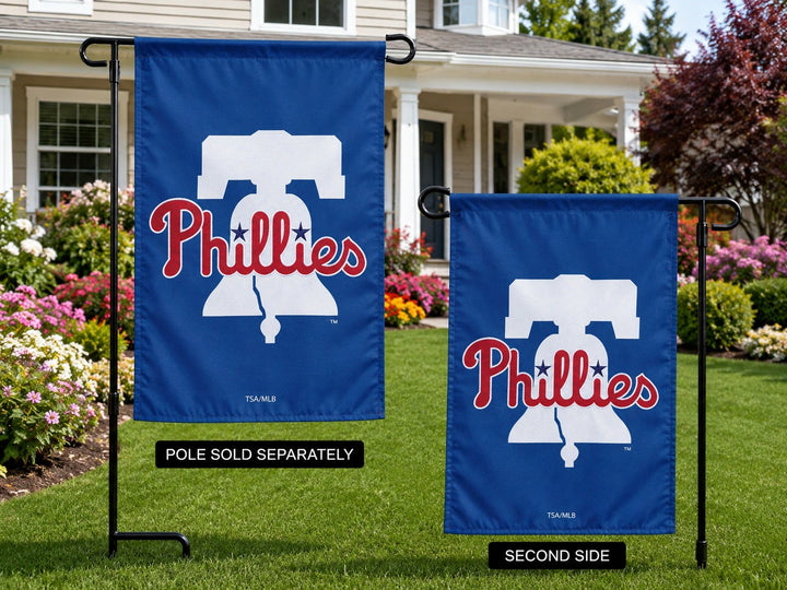 Philadelphia Phillies Garden Flag both sides displayed in yard