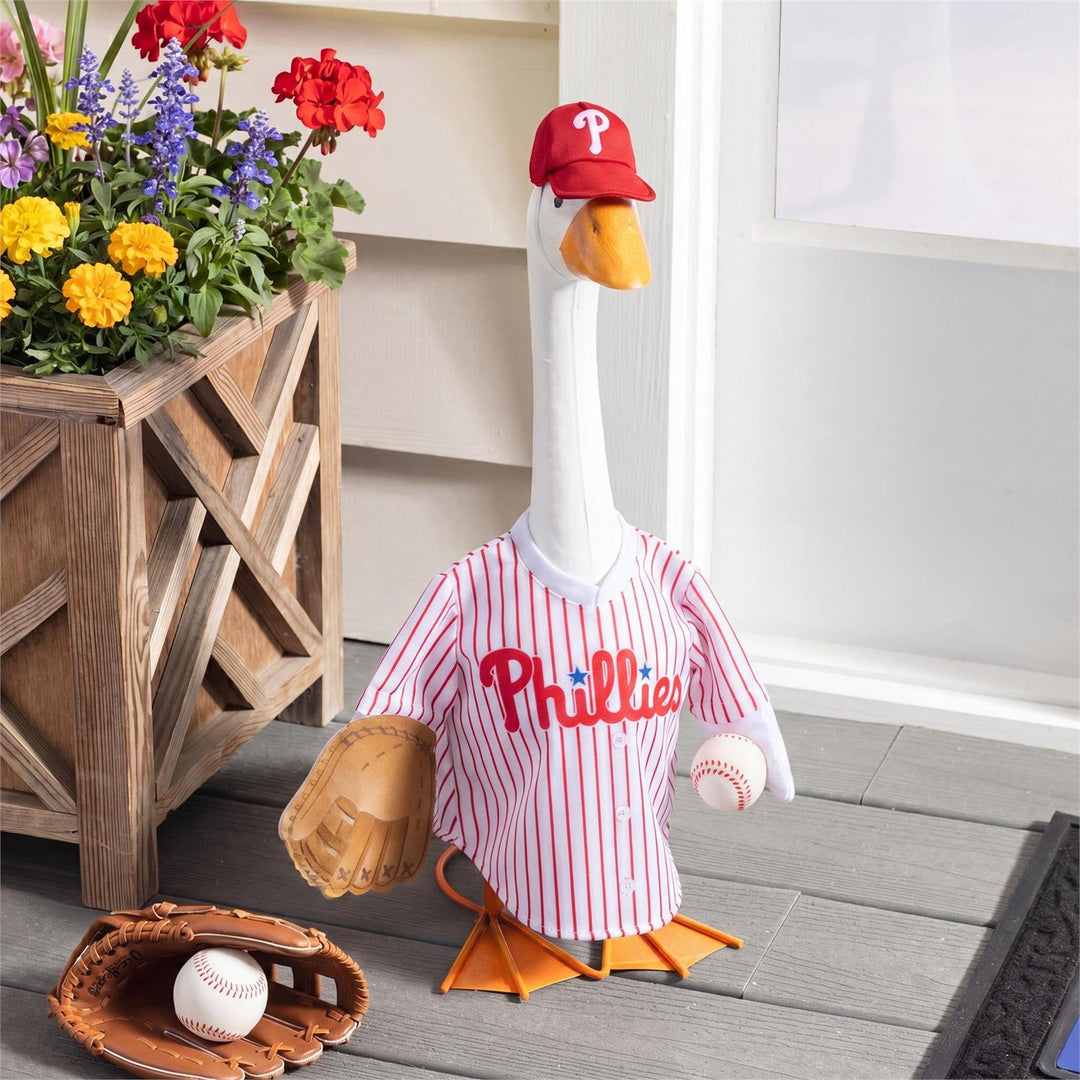 Licensed Philadelphia Phillies porch goose outfit with pinstripe jersey, red P cap, glove and baseball accents