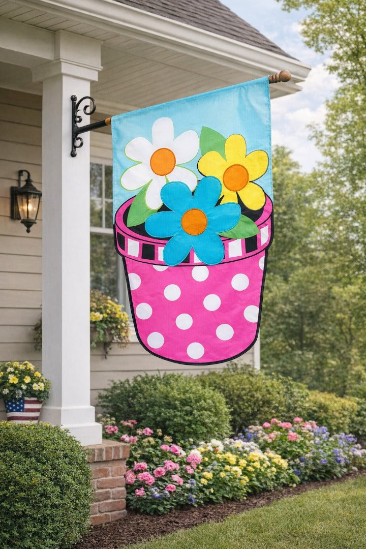 Pink Dot Flower Pot 2 Sided Banner heartlandflags