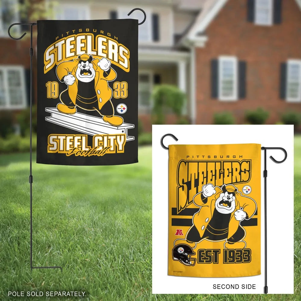 Pittsburgh Steelers Pete garden flag displayed outdoors with gold reverse-side inset; pole sold separately