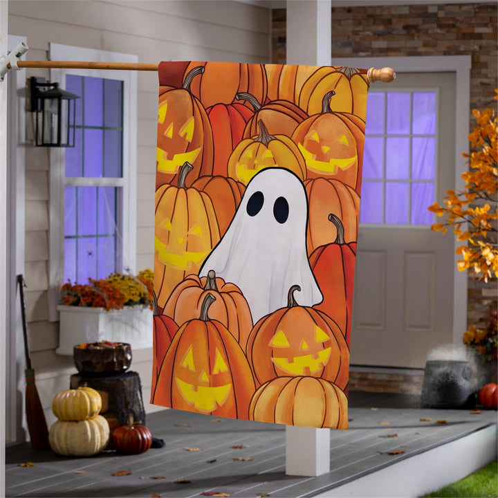 Size graphic showing Pumpkin Patch Ghost banner measuring 29 by 43 inches
