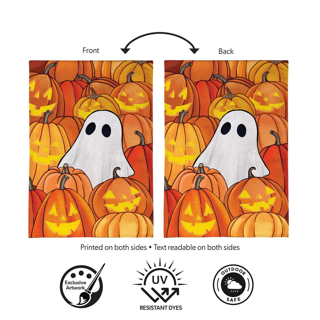 Pumpkin Patch Ghost banner on a pole against a white background