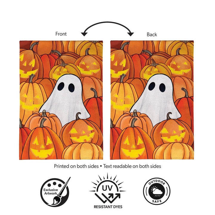 Pumpkin Patch Ghost banner on a pole against a white background