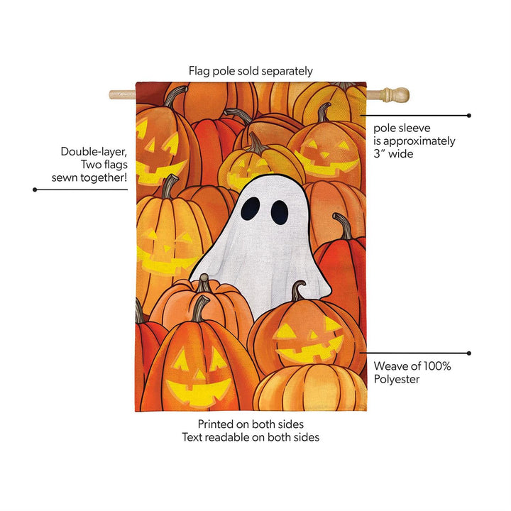 Pumpkin Patch Ghost banner with white ghost among orange pumpkins and smiling jack-o'-lanterns