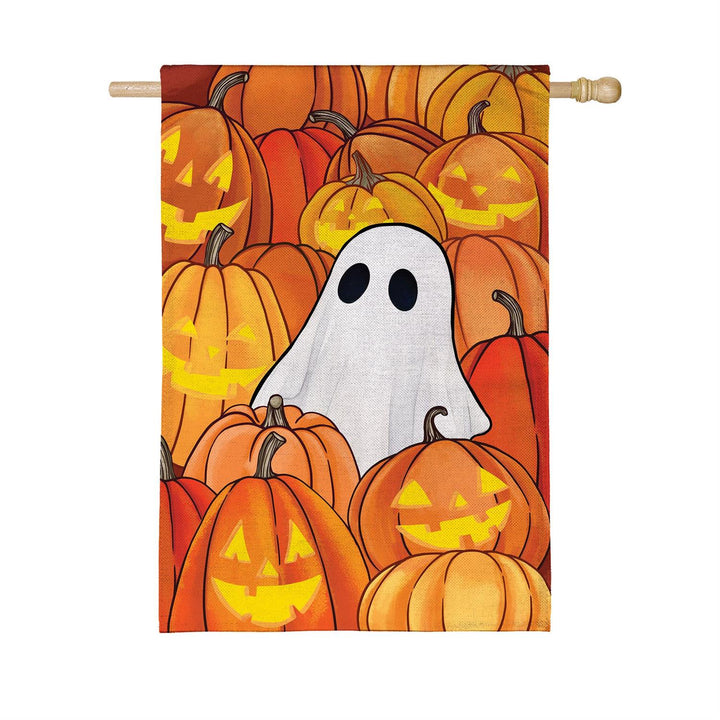 Front and back views of the double-sided ghost and jack-o'-lantern banner