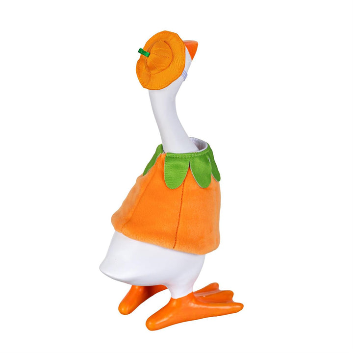 Pumpkin outfit with orange hat and green leaf collar displayed on an 8-inch table goose; goose not included