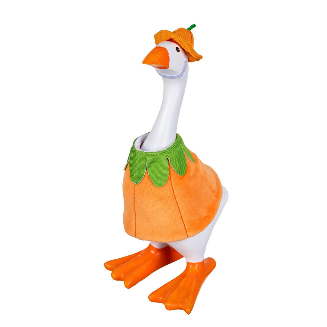 Side view of pumpkin outfit on an 8-inch table goose; goose not included