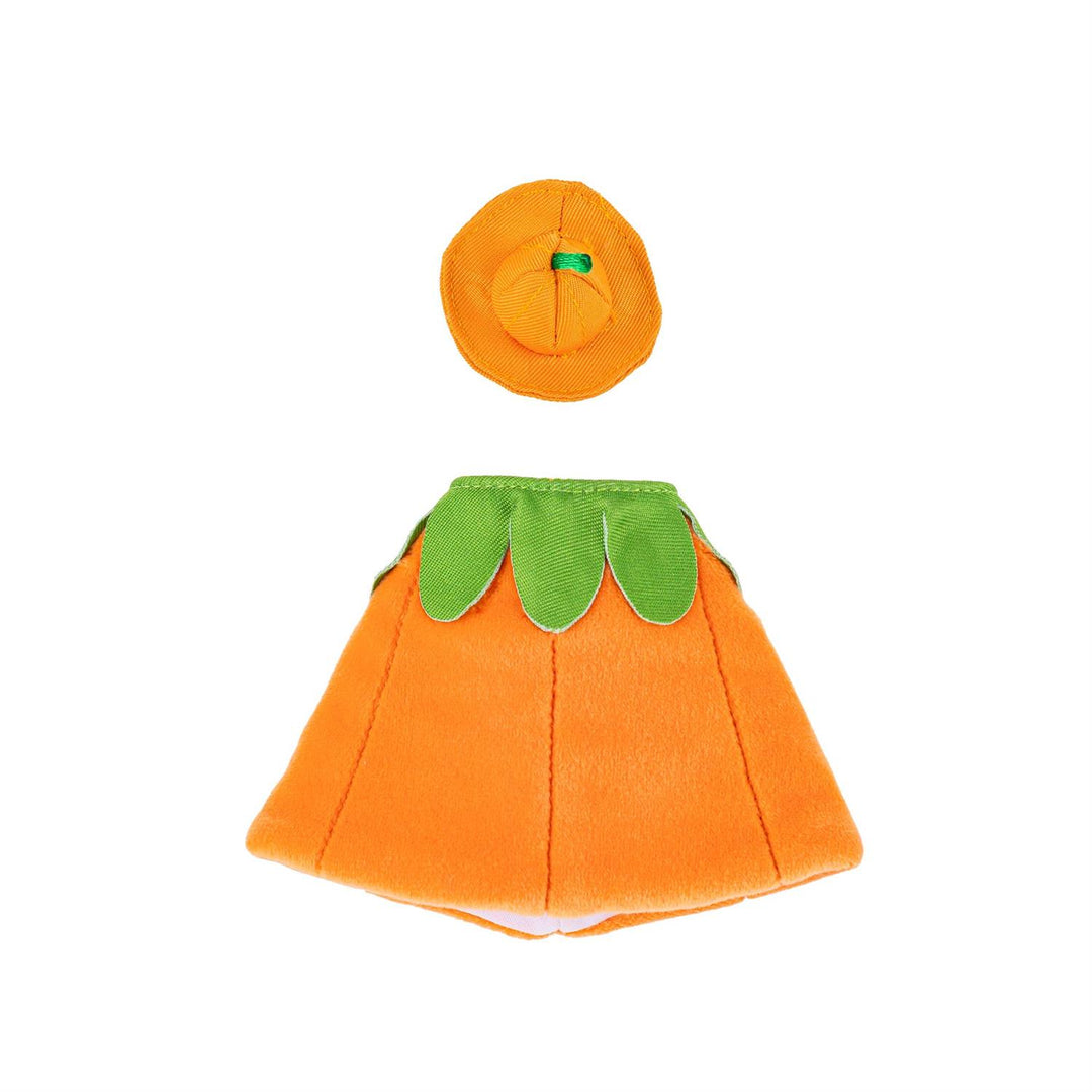 Pumpkin costume for an 8-inch table goose showing green leaf collar and orange hat