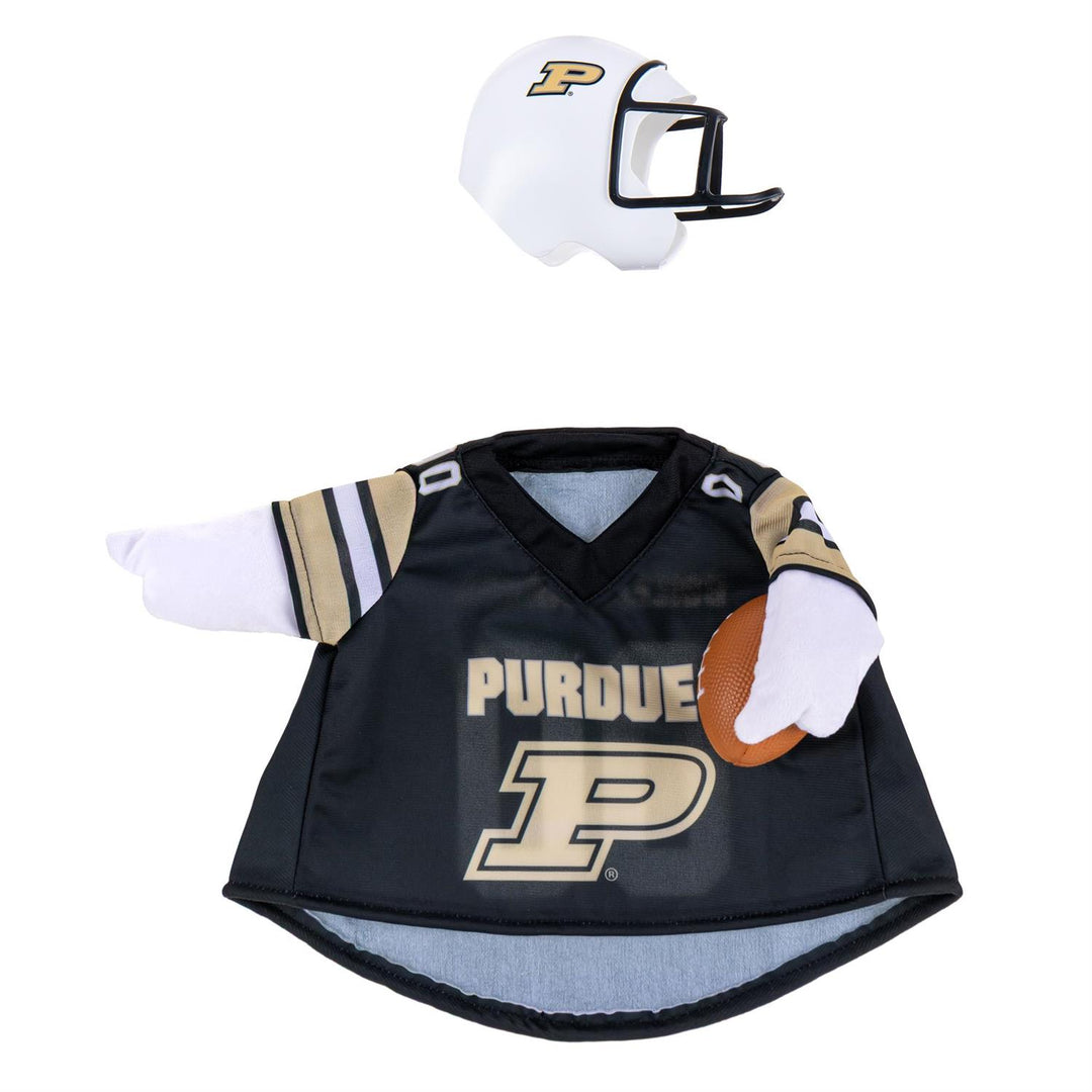 Rear view of Purdue jersey outfit and helmet accessory with Boilermakers 00 design