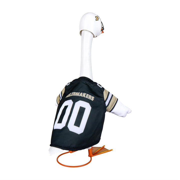 Front view of Purdue football porch goose outfit with gold-toned P logo, striped sleeves, and football detail