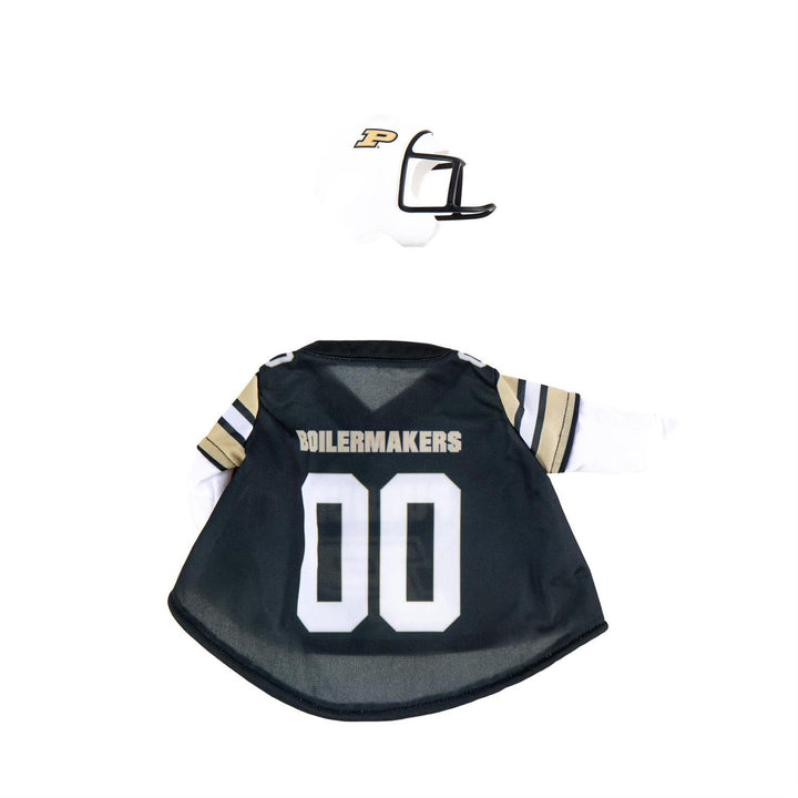 Purdue football outfit modeled on a decorative goose beside autumn porch planters; goose not included