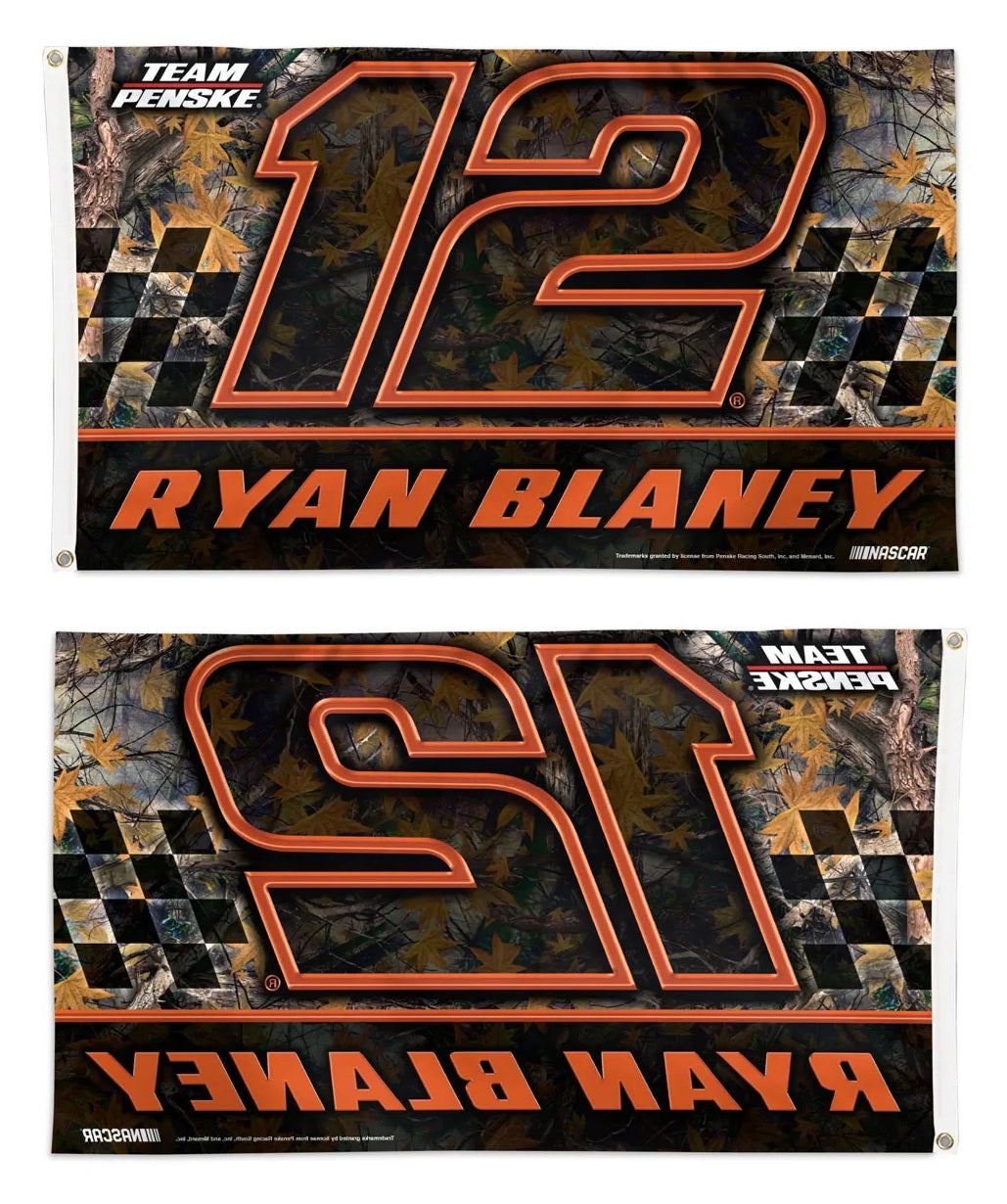 Ryan Blaney Camo 3x5 Flag product shot showing both sides - front with #12 camo design and Ryan Blaney name in orange, reverse side mirrored