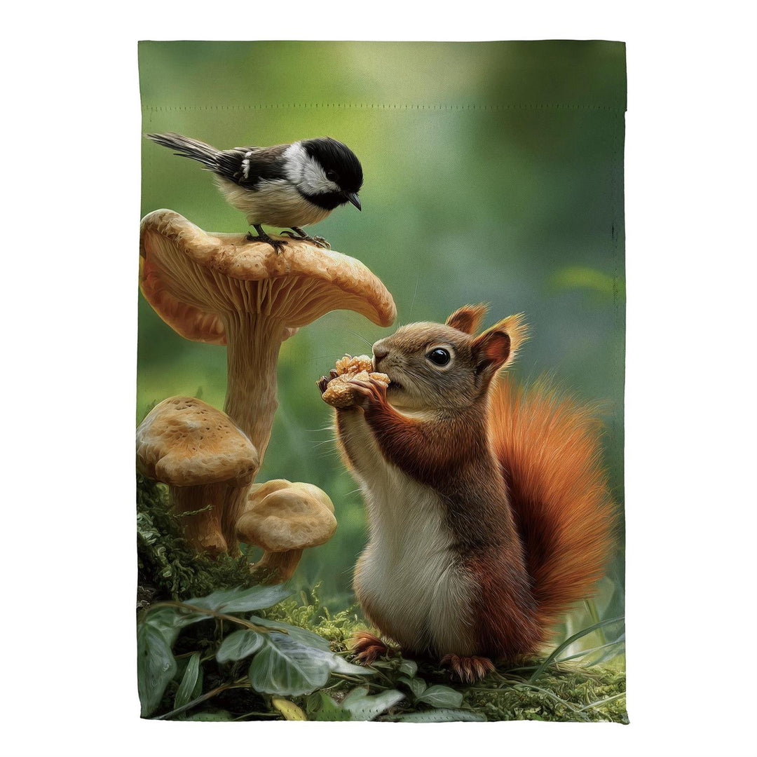 Squirrel and chickadee garden flag hanging sleeve and stand illustration; flagpole sold separately