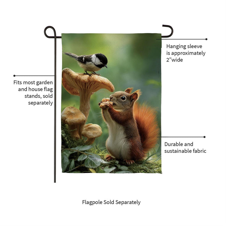 Front and back views showing the double-sided squirrel, chickadee, and mushroom garden flag design