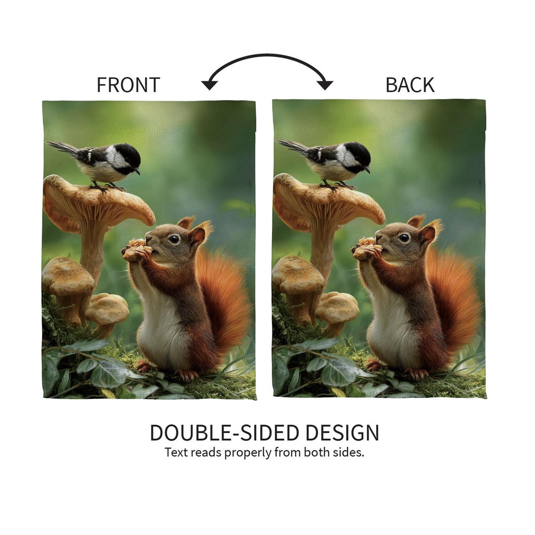 Woodland garden flag specification graphic showing 12 by 18 inches, differing from supplied 12.5 by 18 dimensions