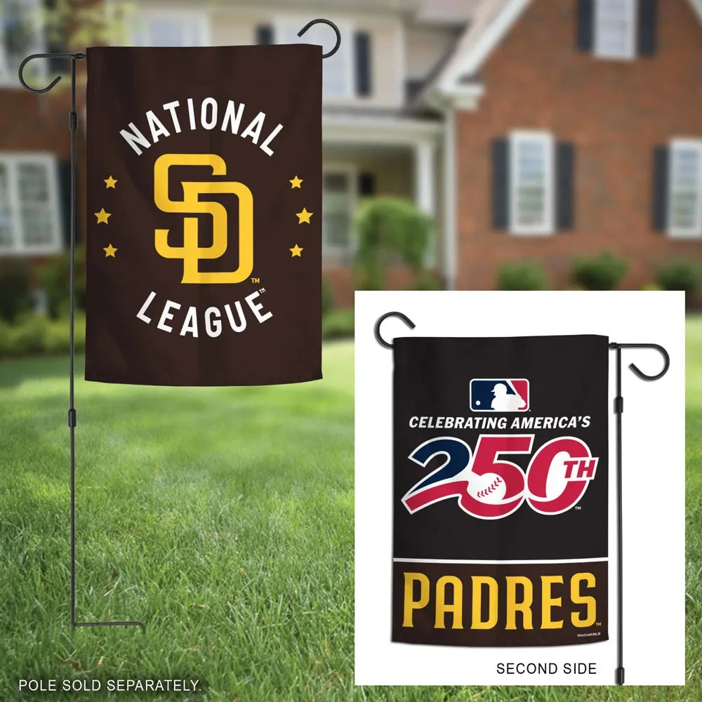 San Diego Padres garden flag showing gold SD National League front and America's 250th celebration reverse on stands