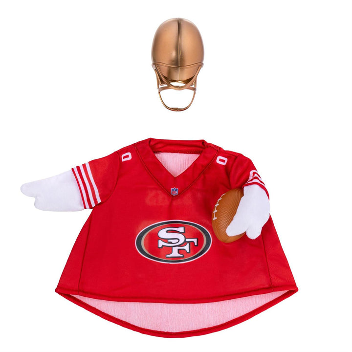 Angled view of San Francisco 49ers red jersey and gold helmet on porch goose