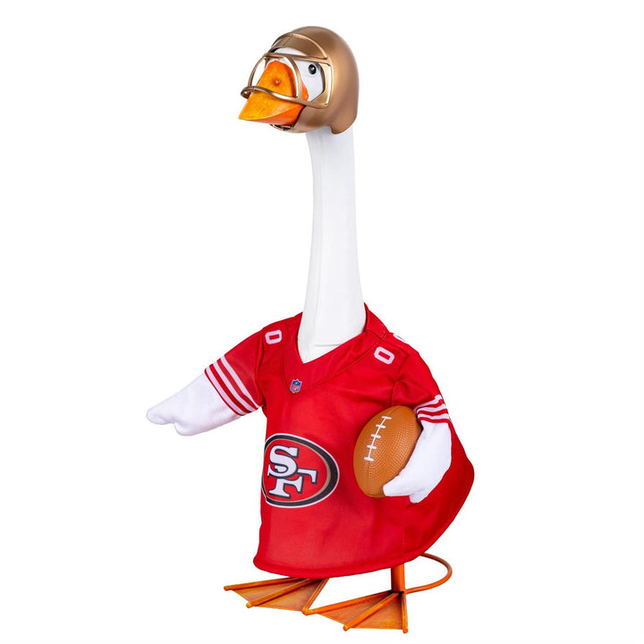 21-inch porch goose in San Francisco 49ers football outfit displayed among fall flowers