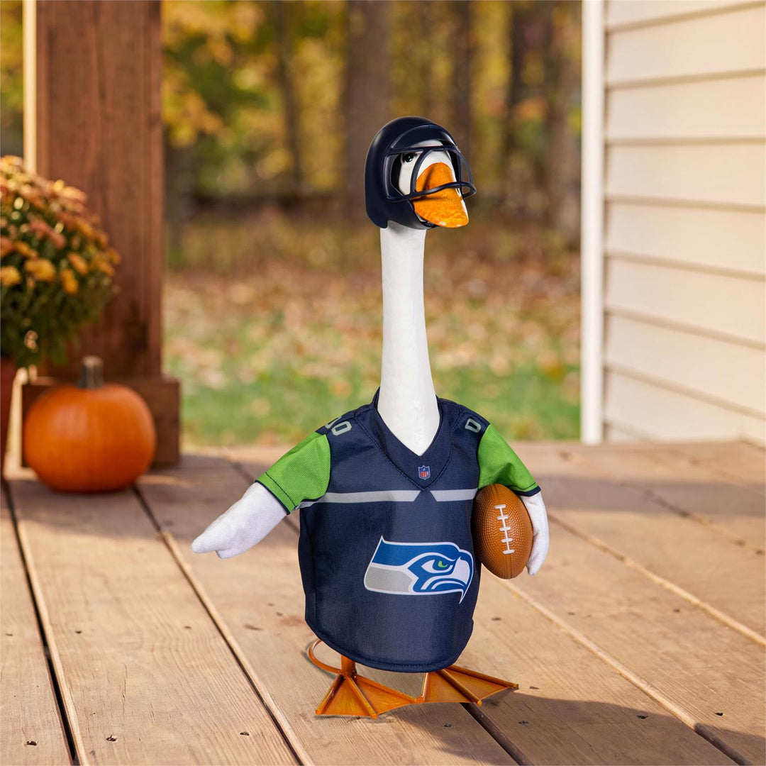 Seattle Seahawks porch goose outfit with navy and green jersey, football accent and navy helmet, goose not included
