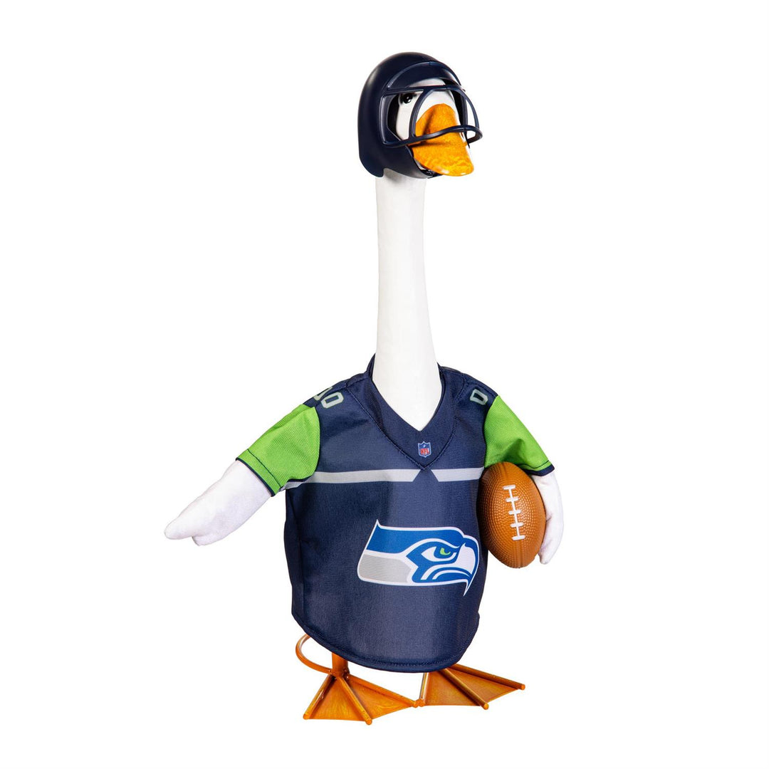Back of Seahawks goose outfit with SEAHAWKS lettering and silver-gray 00 outlined in green