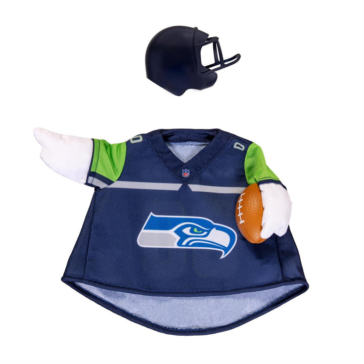Front view of Seattle Seahawks outfit modeled on a 21-inch porch goose