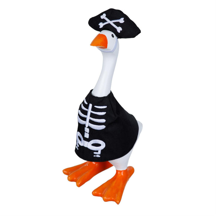 Black skeleton outfit and matching crossbones hat for an 8-inch table goose, goose not included