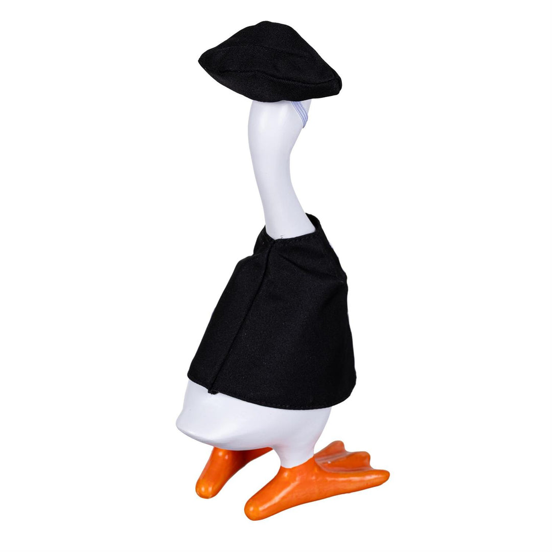 Front view of skeleton desk goose outfit with white bones and black crossbones hat