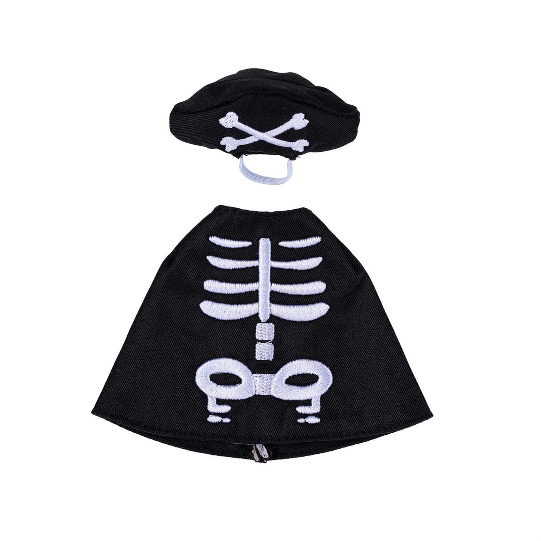 Rear view of skeleton table goose outfit showing plain black back and hat