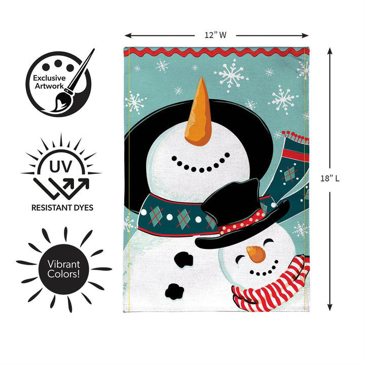 Two-sided Snowman Pair garden flag displayed on a black garden stand