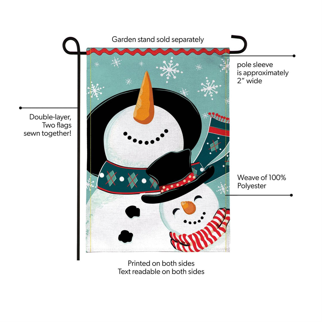 Snowman Pair garden flag dimensions showing 12 inches wide by 18 inches long