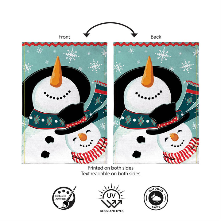 Snowman Pair burlap garden flag with two smiling snowmen, colorful scarves and teal snowflake background