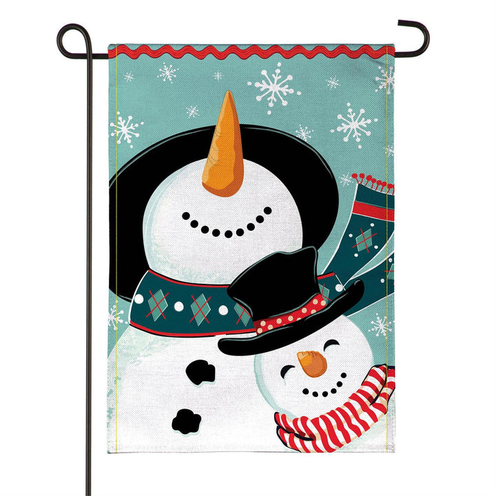 Front and back of Snowman Pair two-sided winter burlap garden flag