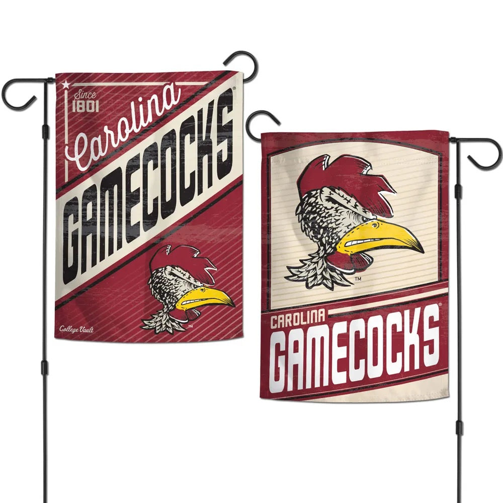 Both sides of South Carolina Gamecocks garden flag displayed on black garden stands, stands sold separately