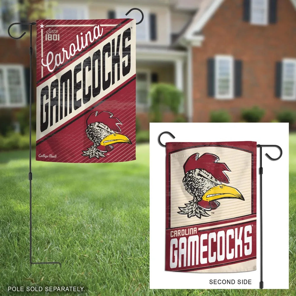South Carolina Gamecocks throwback garden flag in a front yard with inset showing reverse mascot design