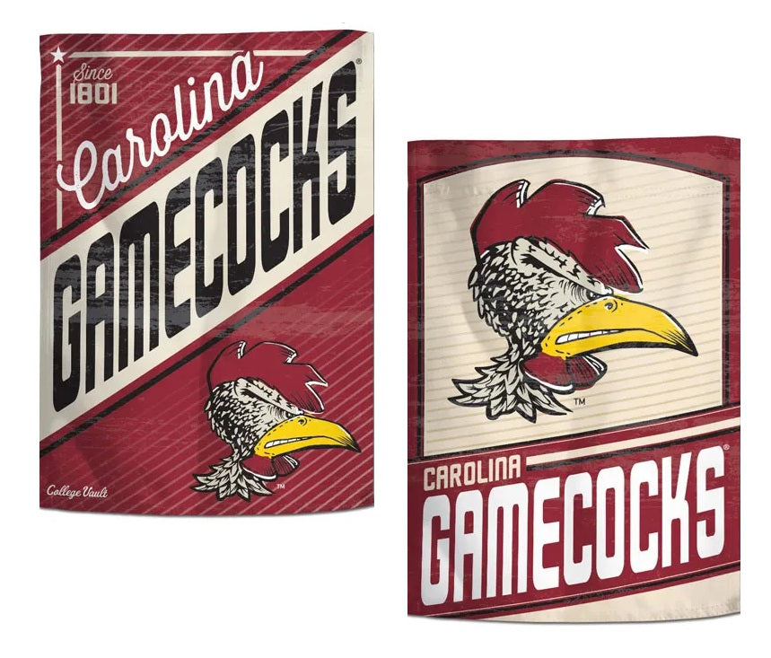 Front and reverse designs of South Carolina Gamecocks throwback garden flag with garnet and cream vintage mascot artwork