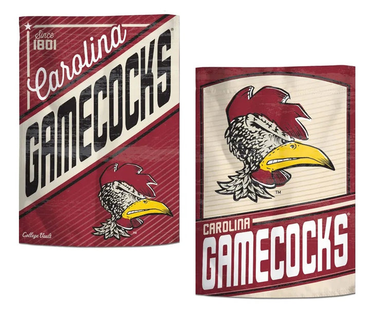 Front and reverse designs of South Carolina Gamecocks throwback garden flag with garnet and cream vintage mascot artwork