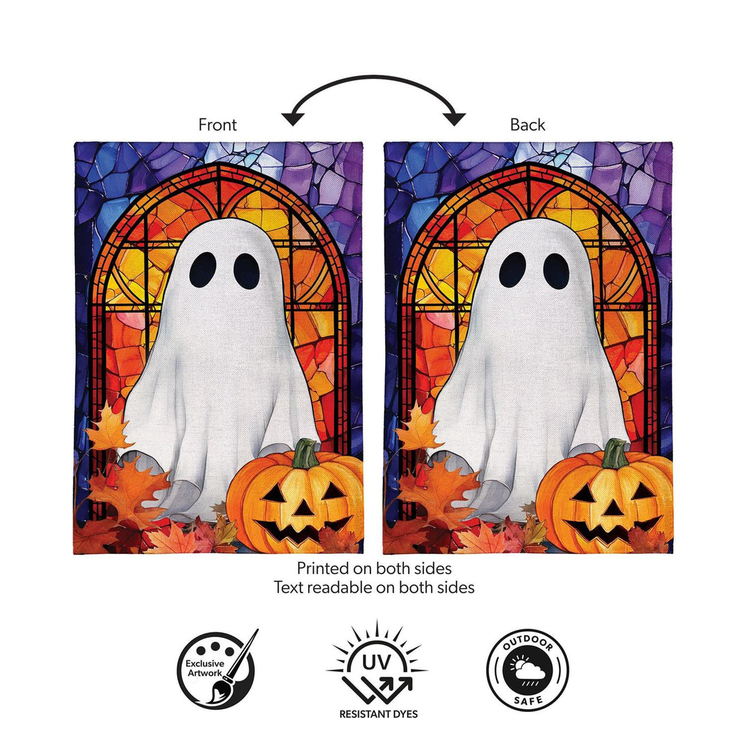 Front and back of two-sided Stained Glass Halloween Ghost garden flag