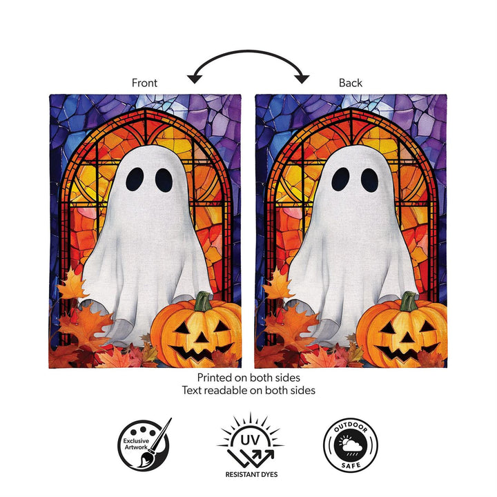 Front and back of two-sided Stained Glass Halloween Ghost garden flag