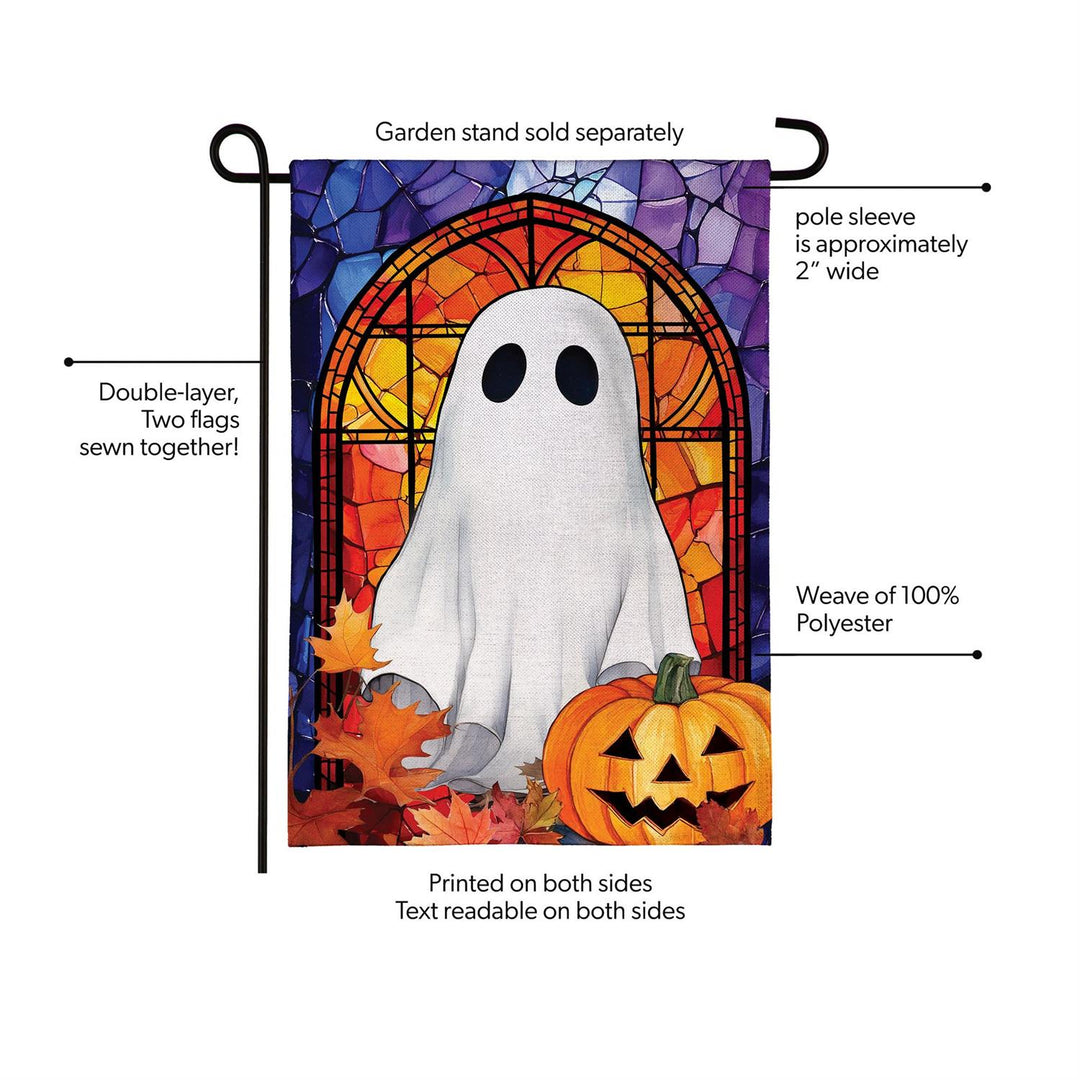 Halloween ghost flag construction showing polyester weave, double layers and approximately 2-inch pole sleeve