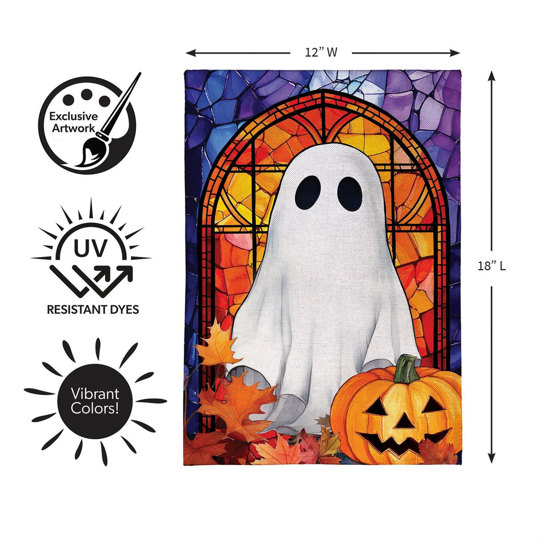 Halloween ghost garden flag dimensions showing 12-inch width and 18-inch length