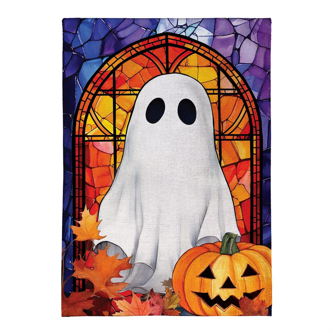 Stained Glass Halloween Ghost garden flag in a porch display with Halloween lights