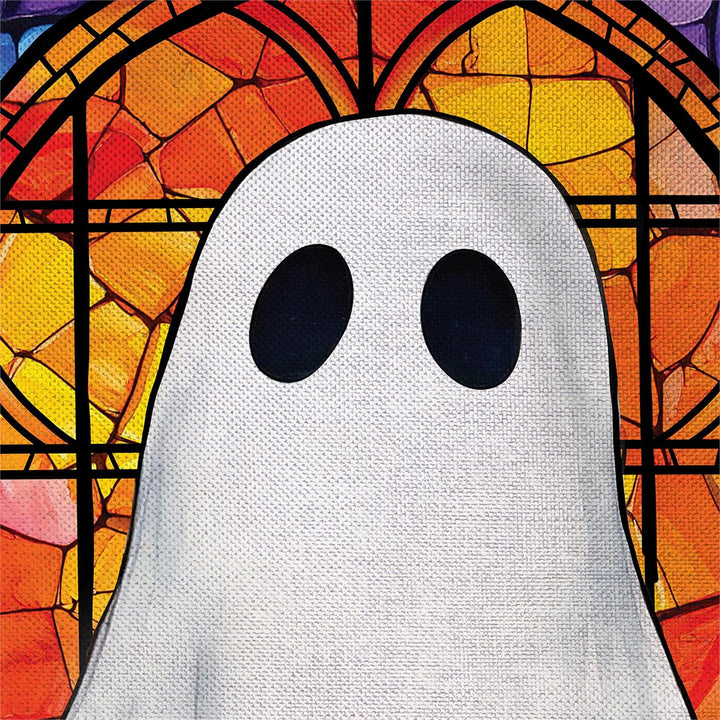 Stained Glass Halloween Ghost garden flag artwork with white ghost, orange jack-o-lantern and purple mosaic background