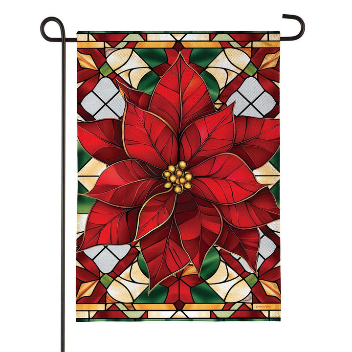 Stained Glass Poinsettia burlap garden flag with red flower and green, cream and gold-colored geometric pattern