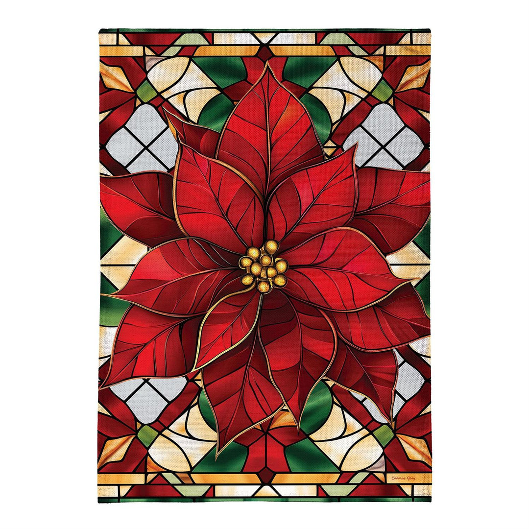 Stained Glass Poinsettia garden flag displayed on a winter porch beside greenery and a sled