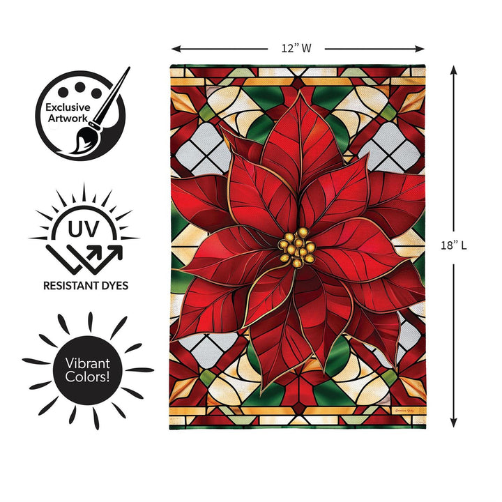Poinsettia flag specifications showing double-layer woven polyester and approximately 2-inch pole sleeve